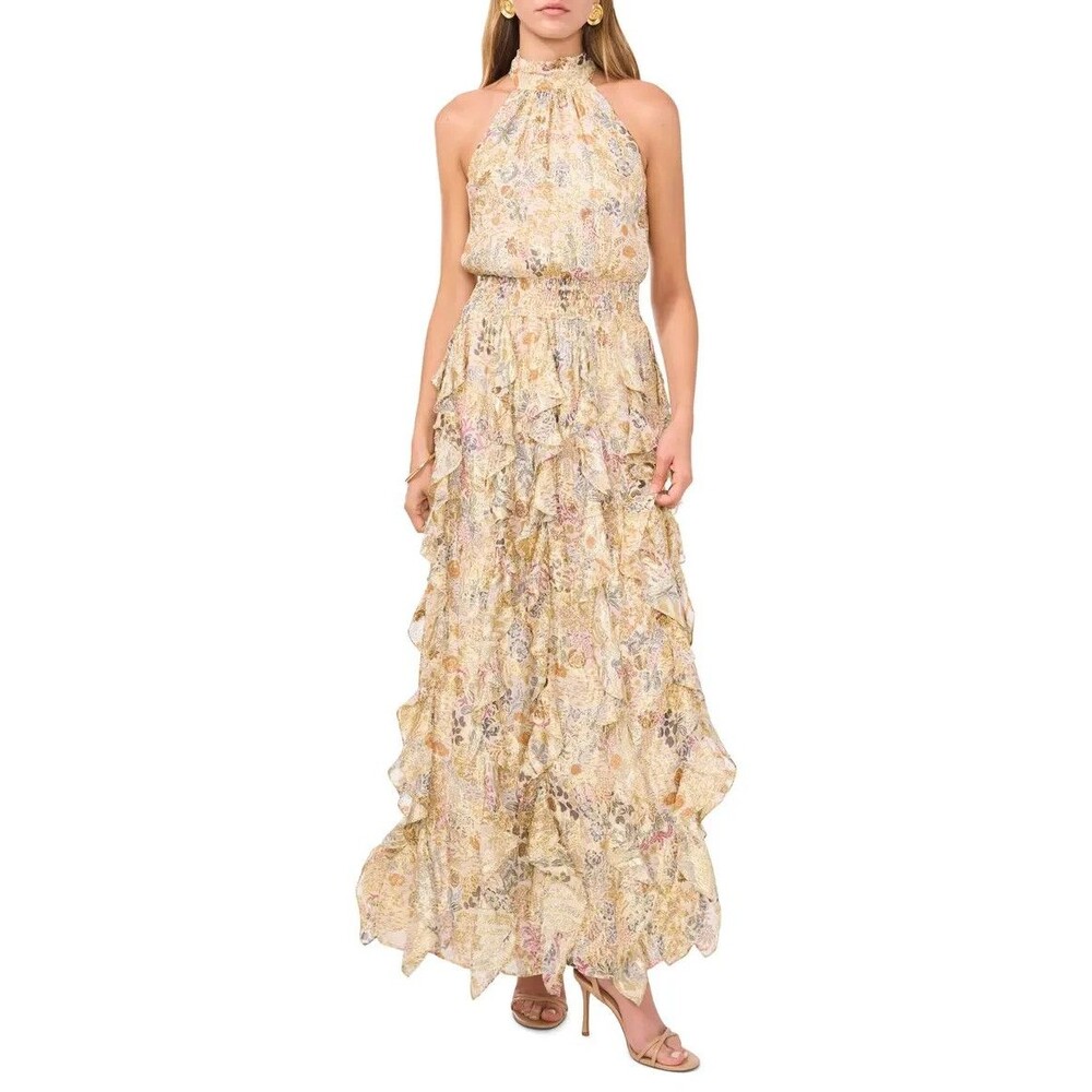 1.STATE Women's Sleeveless Cascading Ruffle Maxi Dress Cream Gold Multi Size M - Picture 4 of 15